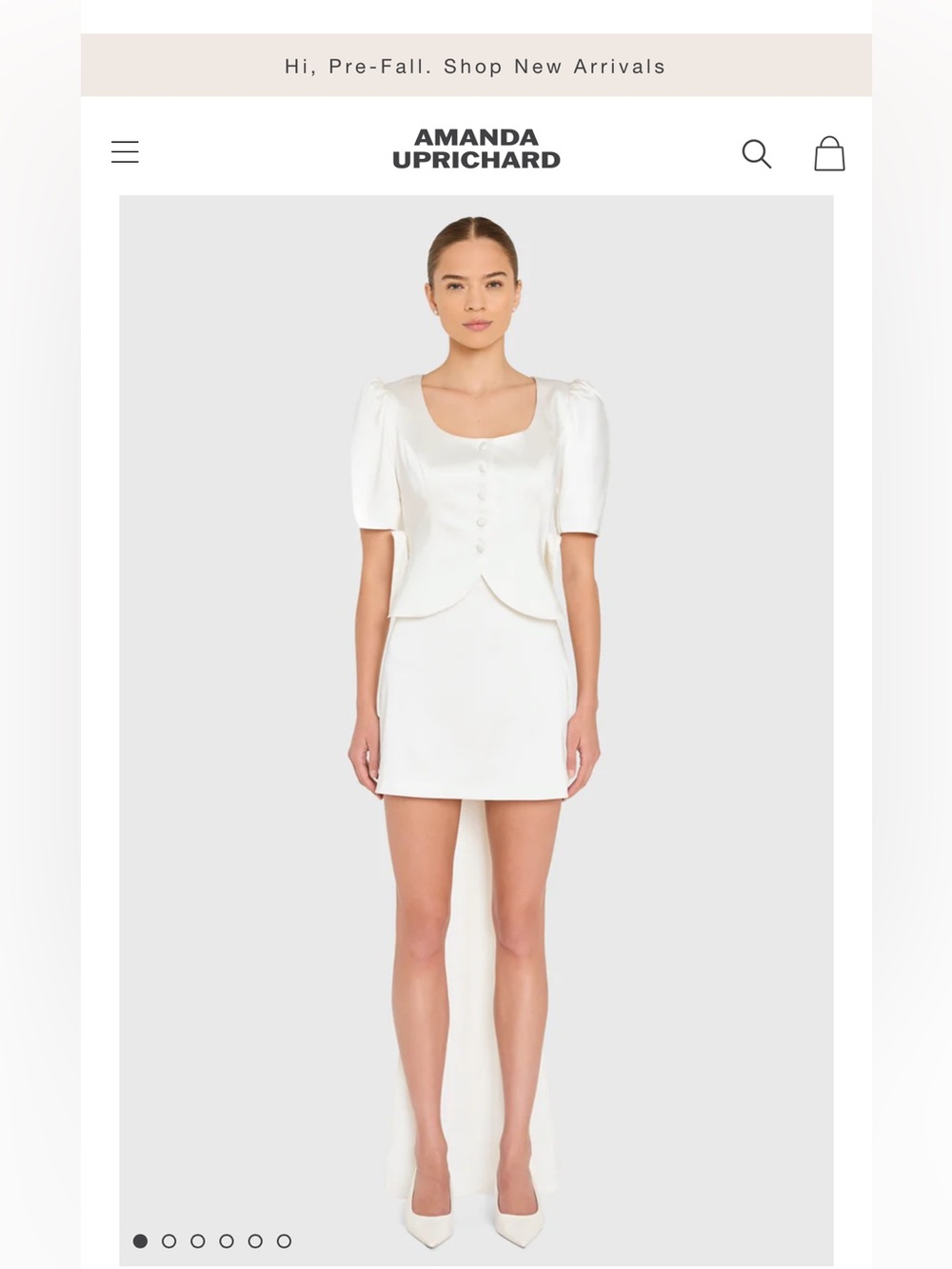 Amanda Uprichard White Short Bridal Dress with Puff Sleeves and Bow Detail